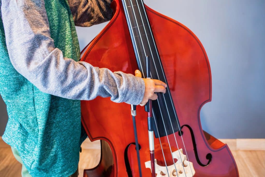 Double bass student learning pizzicato technique with a teacher